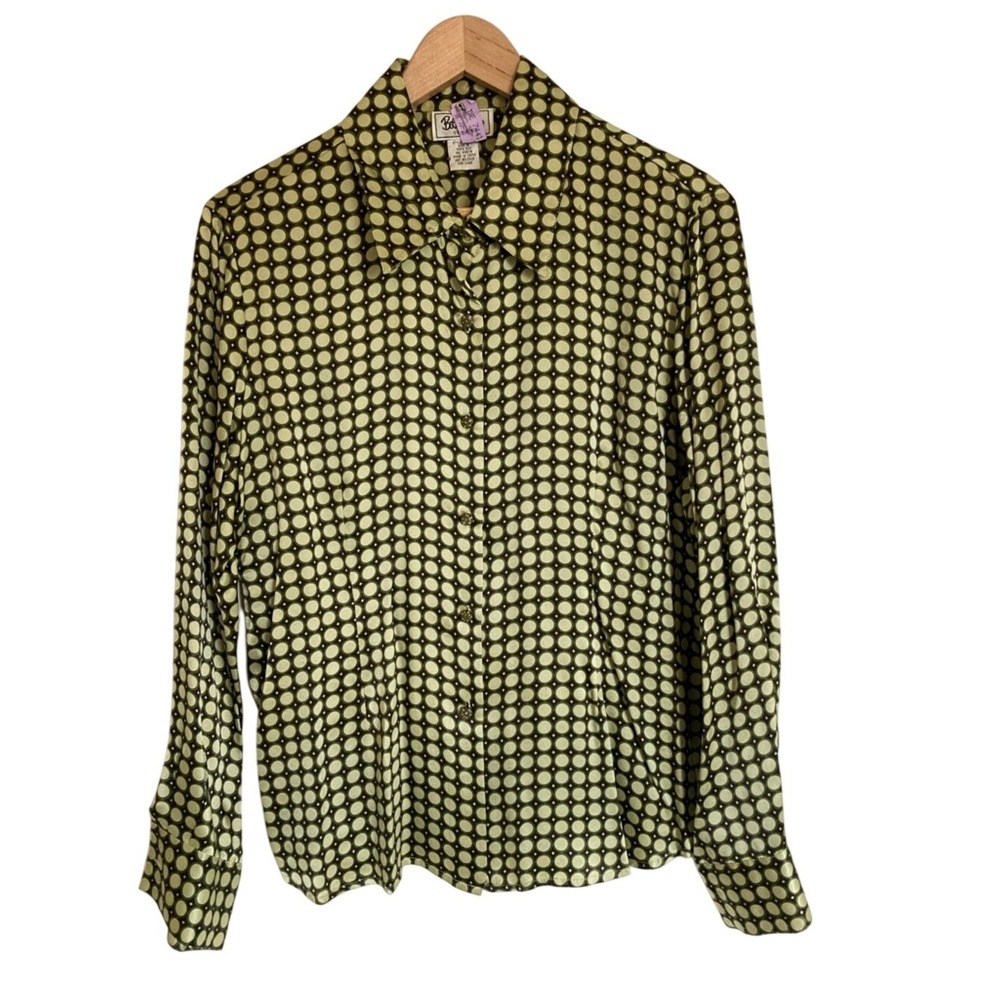 Vtg Bob Mackie Womens Silk Polka Dot Button-Up Blouse Size 16 Lime Black Artsy